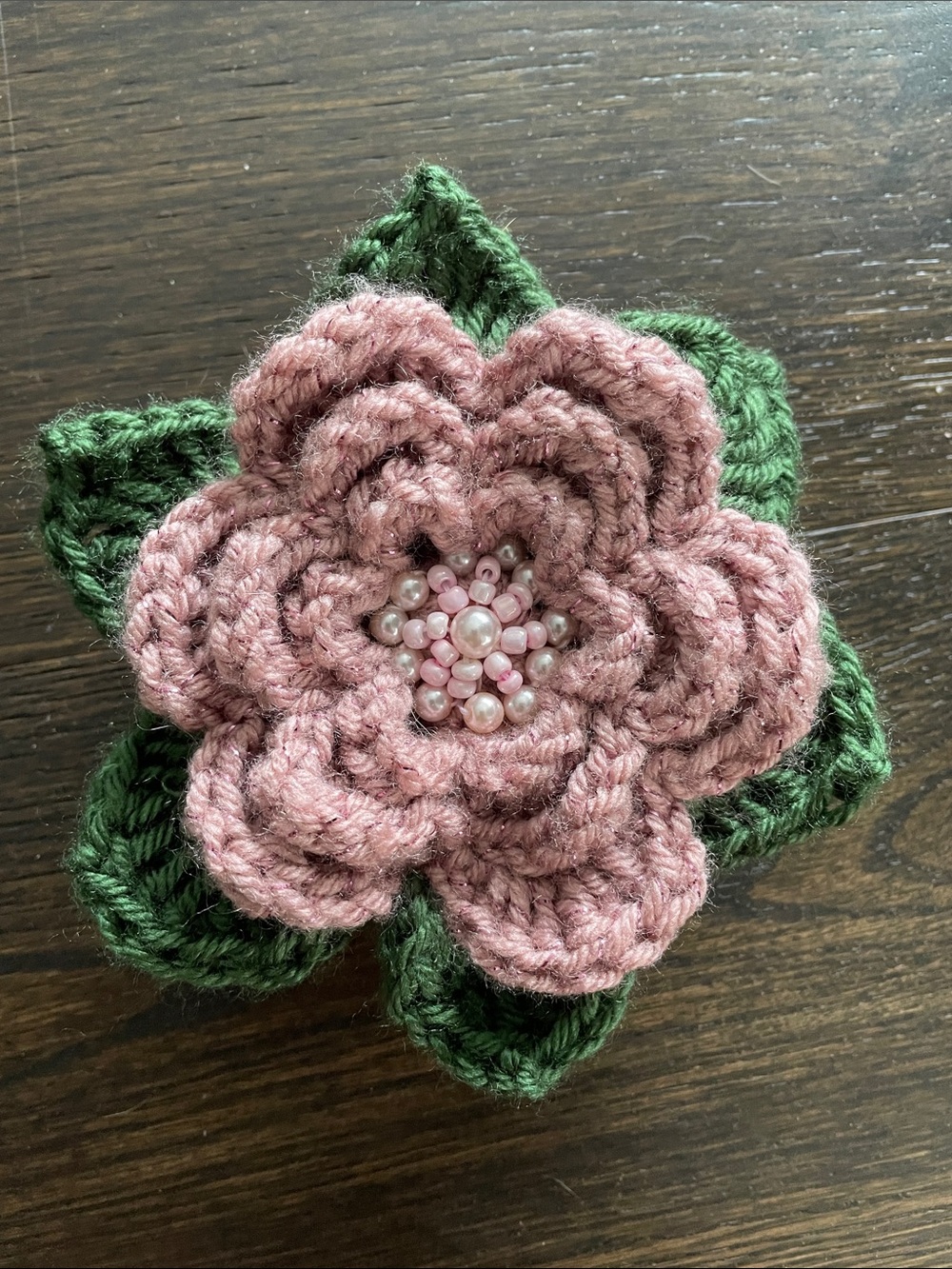 Handcrafted Pink Crochet Flower with Green Leaves for Jar Covers